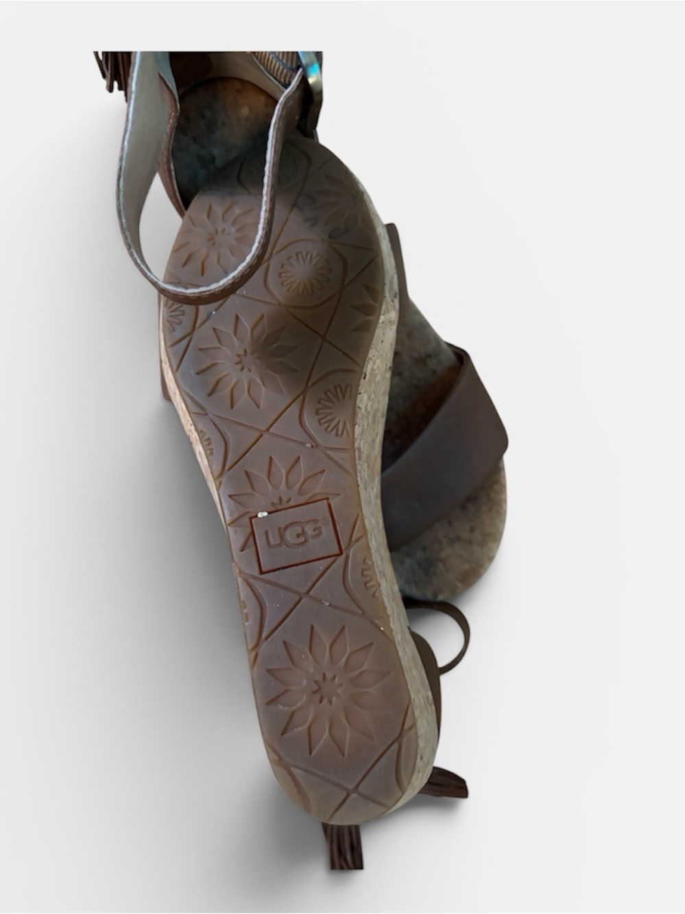 UGG Zoe Cork Brown Leather Cork Wedge Sandals with Tassel - Picture 6 of 6